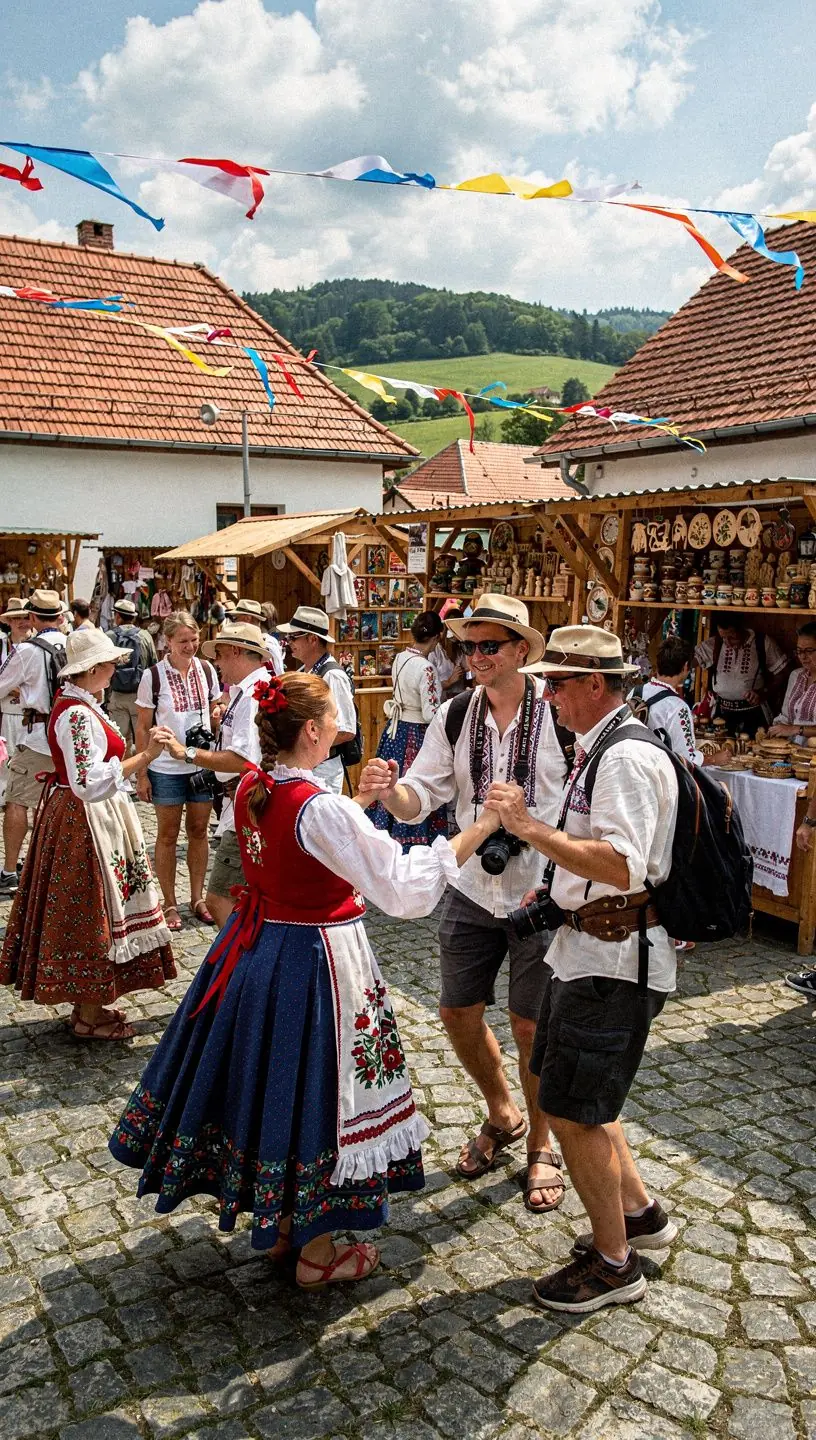 A vibrant local festival scene, featuring traditional costumes, food stalls, and live performances celebrating Slovak heritage.